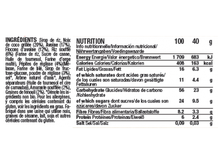Ingrédients & table nutritionnelle barre Mulebar réglisse coco