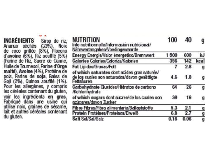 Ingredients & table nutritionnelle barre Énergétique Mulebar Ananas Coco