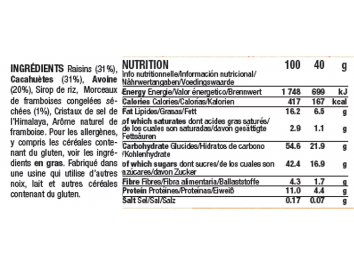 Ingredients et table nutritionnelle barre Mulebar Cacahuète framboise
