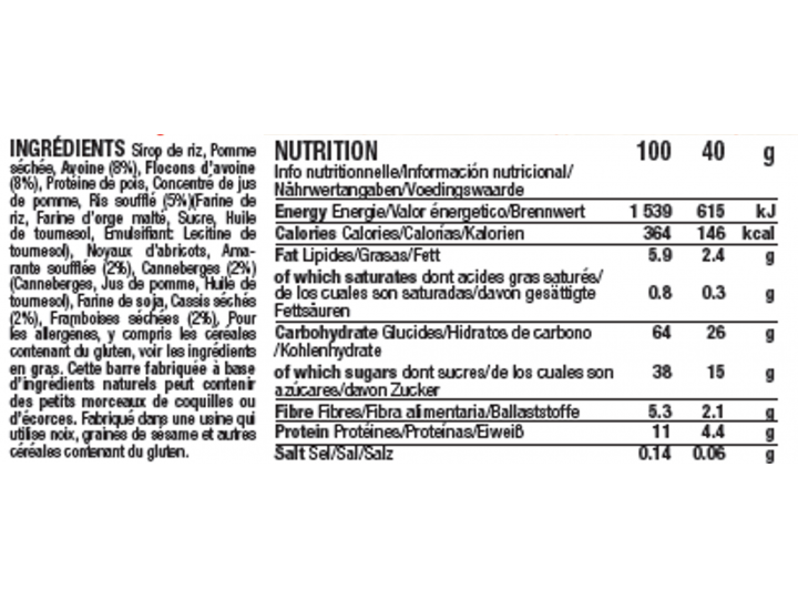 Ingrédients & valeurs nutritionnelles barre Énergétique Fruits Rouges Mulebar
