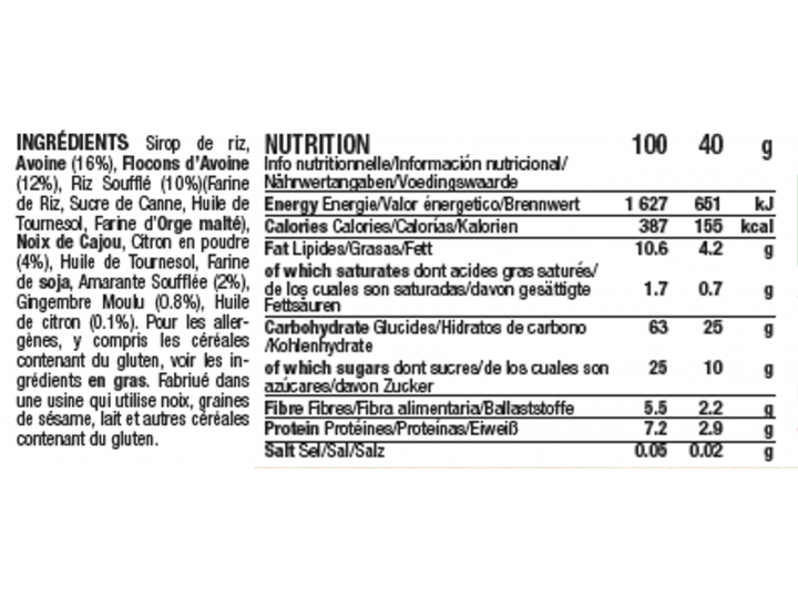 Ingrédients et valeurs nutritionnelles barre énergétique Citron Gingembre Mulebar