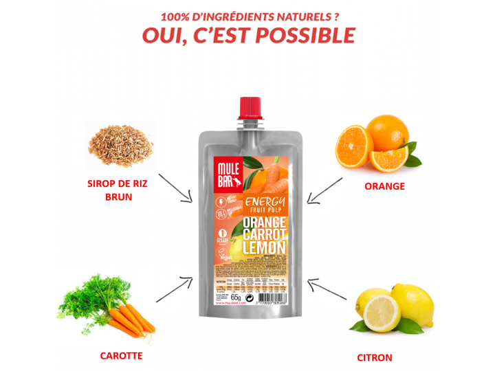 Ingrédients pulpe de fruits vegane Orange Carotte Citron Mulebar