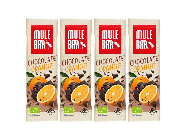Pack of 4 chocolate and orange Mulebar energy bars