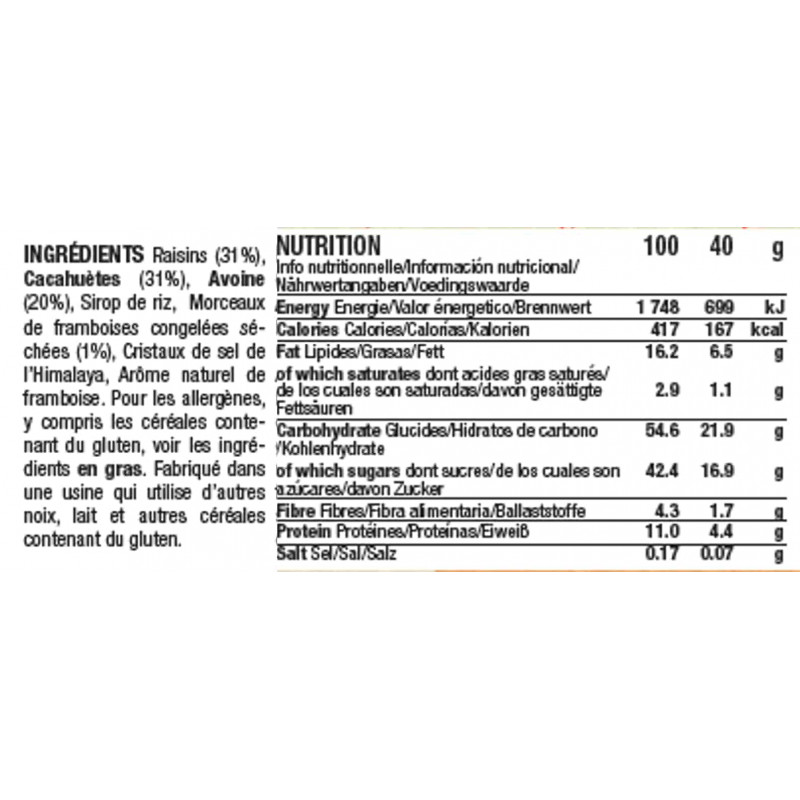 Ingrédients et table nutritionnelle barre Mulebar cacahuète framboise en Français