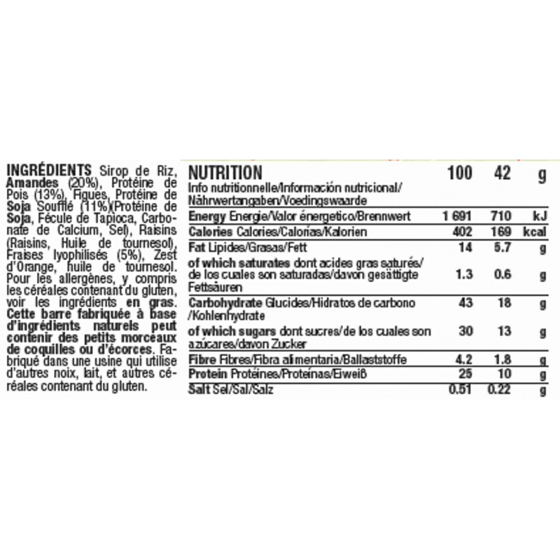 Mulebar almonds and Strawberry protein bar ingredients and nutritional values in French