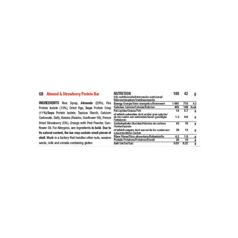 Ingrédients et valeurs nutritionnelles barre proteinée Mulebar amande fraise en Anglais