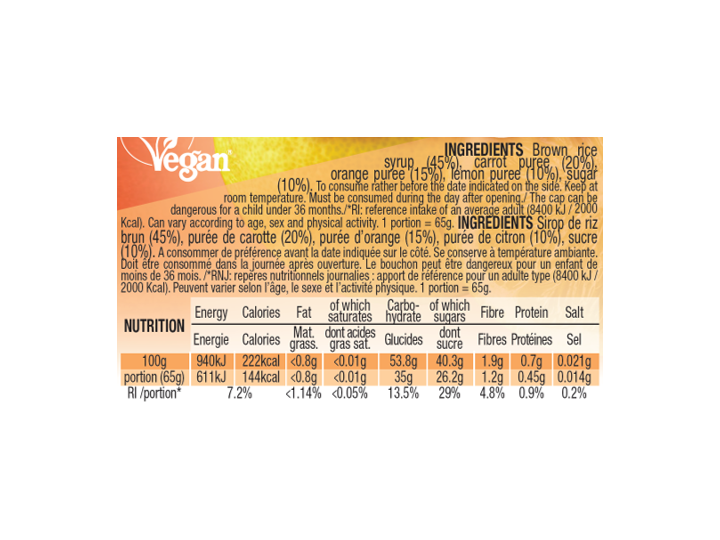 Orange Carrot Lemon Mulebar fruit pulp nutritional values