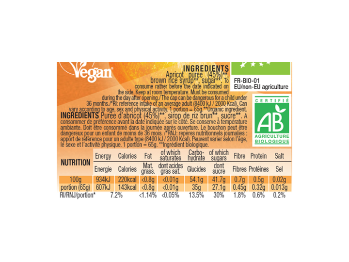 Mulebar organic and plant based Apricot puree ingredients and nutritional values