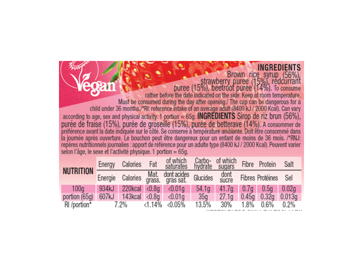Mulebar organic and plant based Strawberry Redcurrant and Beetroot puree ingredients and nutritional values