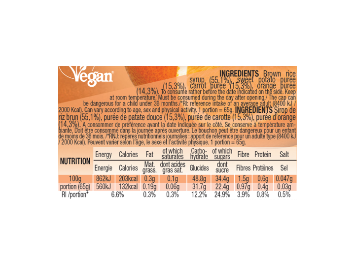 Mulebar organic and plant based Sweet Potato Carrot and Orange puree ingredients and nutritional values