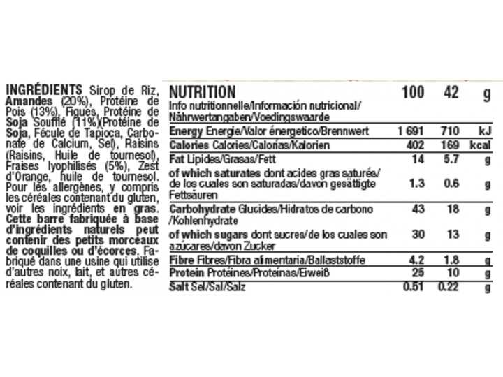 Table nutritionnelle et ingrédients barre protéinée Mulebar Amande Fraise