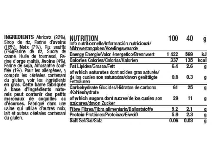 Table nutritionnelle et ingrédients barre Abricot Noix Mulebar