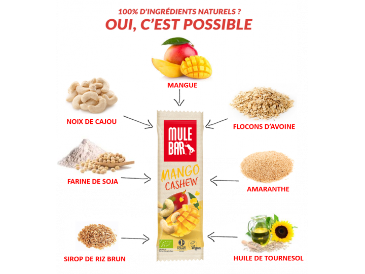 Ingredients of Mango & Cashew Mulebar cereal bar