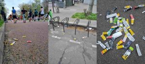 Pictures of littered energy gel tubes on Paris Marathon